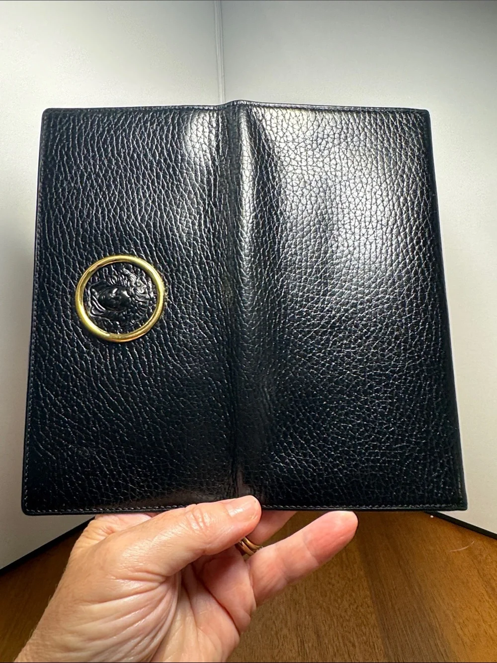 Versace Black Leather Wallet with Gold Medallion